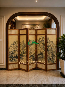 Bình phong gỗ 5 cánh tranh phong thủy – Điểm nhấn sang trọng cho không gian sống